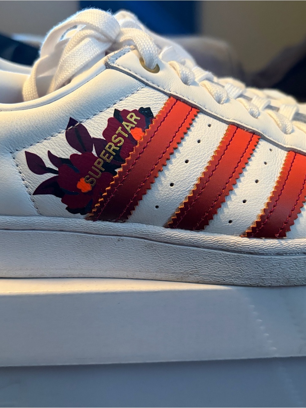 adidas Superstar White Leather Sneakers with Red Floral Stripes